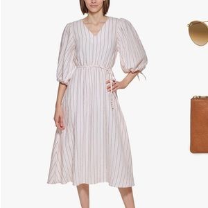 Calvin Klein Women's Striped Puff-Sleeve Midi Dress - Blossom/Black 14
